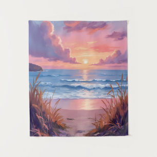 Pink Ocean Sunset Beach Watercolor Painting Tapestry