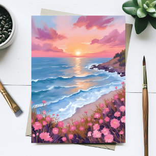 Pink Ocean Sunset Watercolor Flowers Painting Postcard