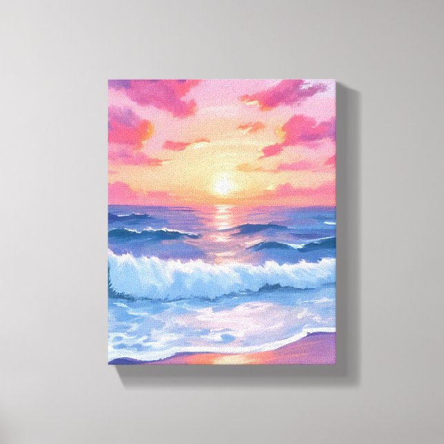Pink Ocean Waves Sunset Watercolor Canvas Print (Front)