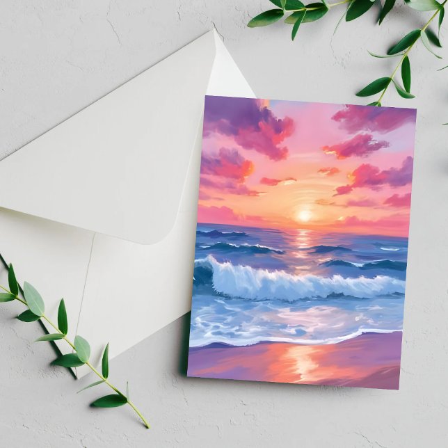 Pink Ocean Waves Sunset Watercolor Card (Creator Uploaded)