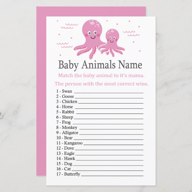 Pink Octopus Baby Animals Name Game (Front/Back)