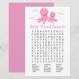 Pink Octopus Baby Shower Word Search Game