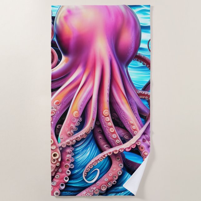 Pink Octopus Blue Ocean Wave Background Beach Towel (Front)