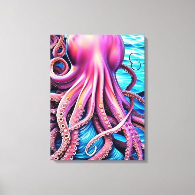 Pink Octopus Blue Ocean Wave Background Canvas Print (Front)