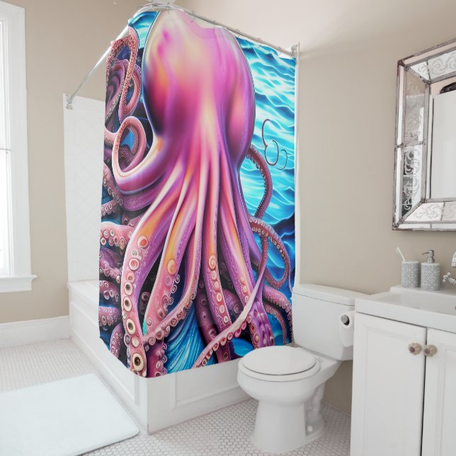 Pink Octopus Blue Ocean Wave Background Shower Curtain (In Situ)