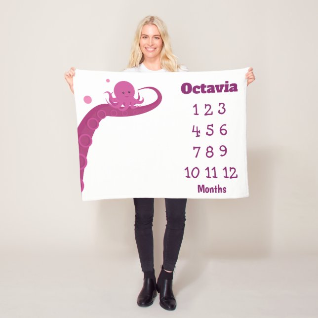 Pink Octopus Name Milestone Fleece Blanket (In Situ)