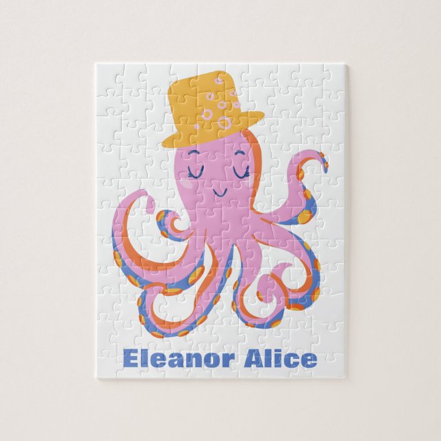 Pink Octopus Quirky Dancing Animal Personalised Jigsaw Puzzle (Vertical)