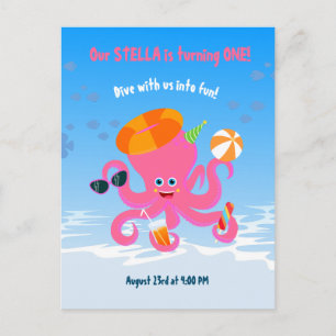 Pink octopus summer baby girl Birthday Party Invitation Postcard