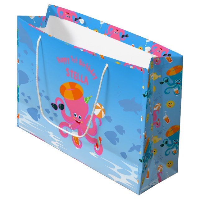 Pink octopus summer baby girl Birthday Party Large Gift Bag (Front Angled)
