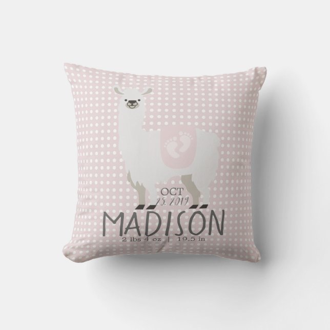 Pink & Off-White Llama Birth Stats Throw Pillow (Front)