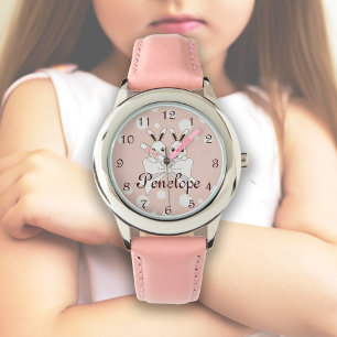 Pink Off-White Ribbon and Cute Twin Bunny Kids Watch