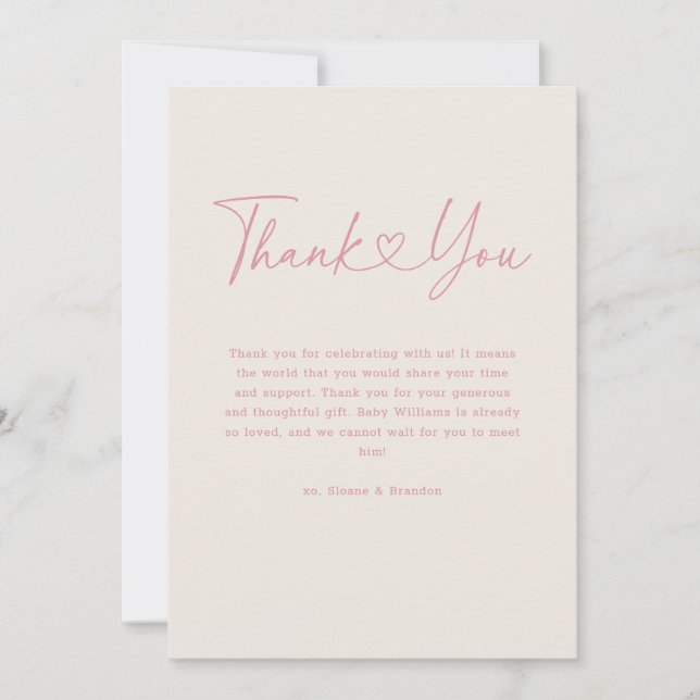 Pink Oh Baby Heart Calligraphy Simple Baby Shower Thank You Card (Front)