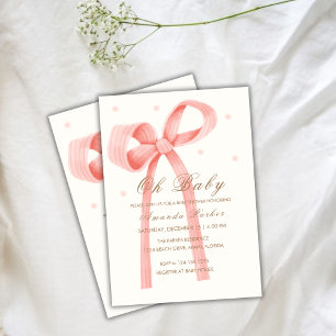 Pink Oh Baby Minimalist Polka Dot Bow Baby Shower Invitation