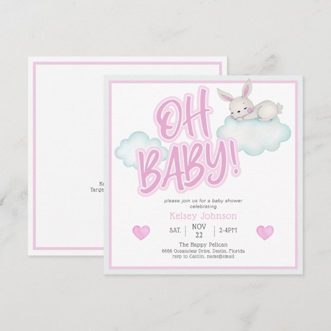 Pink Oh Baby Woodland Animals Baby Shower Invitation (Front/Back)