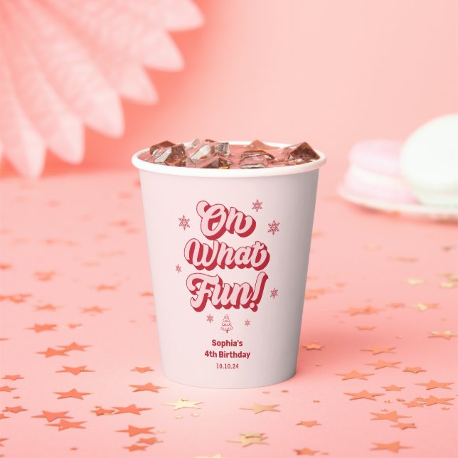 Pink Oh What Fun Christmas Birthday Paper Cups (Insitu)