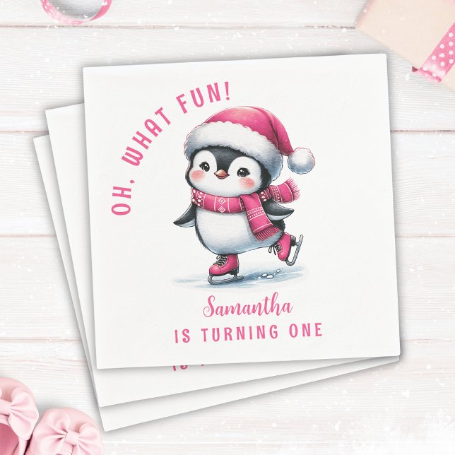 Pink Oh What Fun Cute Penguin Girl 1st Birthday Napkin (Creator Uploaded)