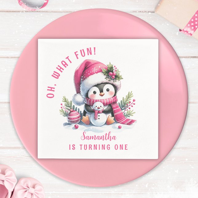 Pink Oh What Fun Penguin Winter Girl 1st Birthday Napkin (Creator Uploaded)