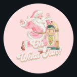 Pink oh What Fun-Retro Santa Christmas Party Classic Round Sticker<br><div class="desc">Add a touch of retro charm to your Christmas party with these Pink "Oh What Fun" Retro Santa Christmas Stickers! Featuring a whimsical vintage-style Santa and a cheerful "Oh What Fun" message, these versatile stickers are perfect for a variety of uses. Use them as cupcake toppers to dress up your...</div>