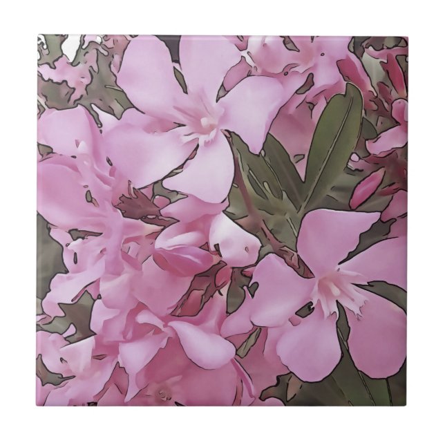 Pink Oleander Rose Laurel Black Outline Art Tile (Front)