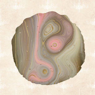 Pink Olive and Tan Mineral Swirl with Golden Stars Round Cushion