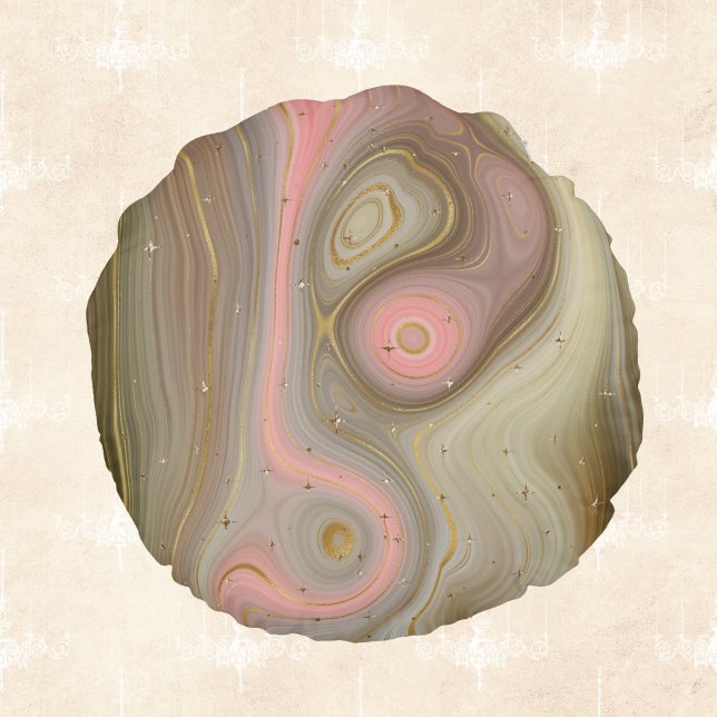 Pink Olive and Tan Mineral Swirl with Golden Stars Round Cushion (Creator Uploaded)