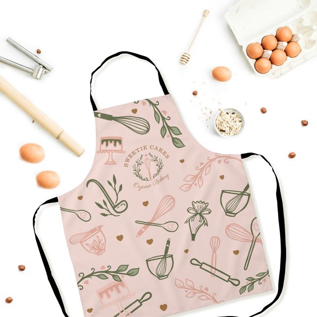Pink & Olive Green Baking & Cooking Utensil Bakery Apron (Pink & Olive Green Baking & Cooking Utensil Bakery Apron)