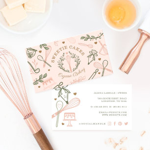 Pink & Olive Green Baking & Cooking Utensil Bakery Business Card