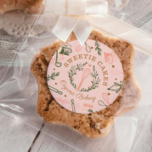 Pink & Olive Green Baking & Cooking Utensil Bakery Classic Round Sticker