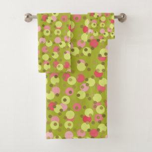 pink, olive, pale gold and Pea Green polka dots Bath Towel Set