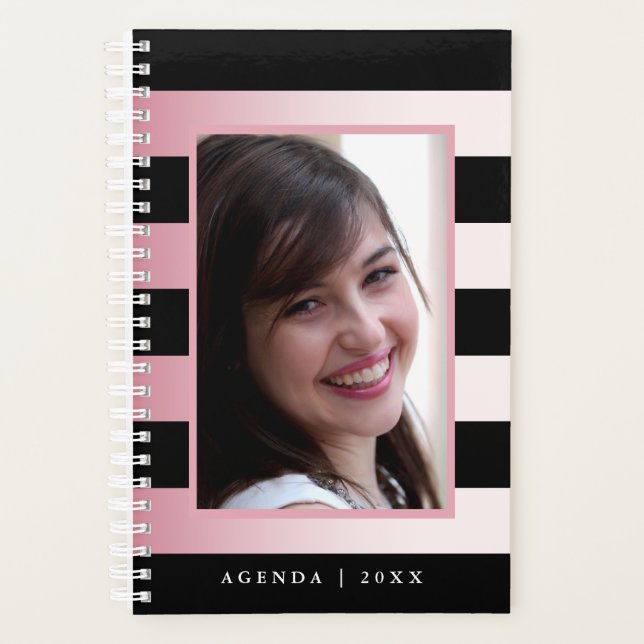 Pink Ombre and Black Stripes Photo Agenda (Front)