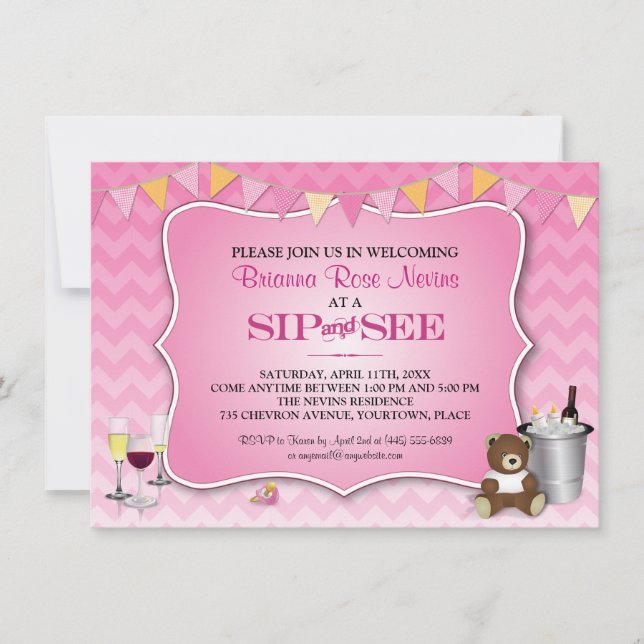 Pink Ombre Chevron Baby Sip and See Invitation (Front)