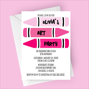 Pink Ombre Crayons Art Birthday Party Invitation