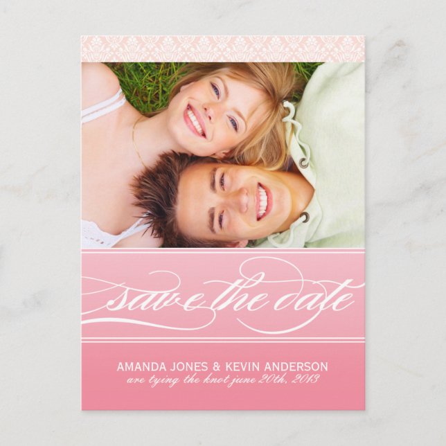 Pink Ombre Damask Save the Date Photo Cards (Front)
