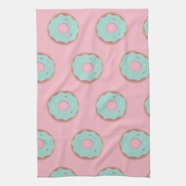 Pink Ombre Doughnuts Teal Doughnut Sprinkles Baker Tea Towel (Vertical)