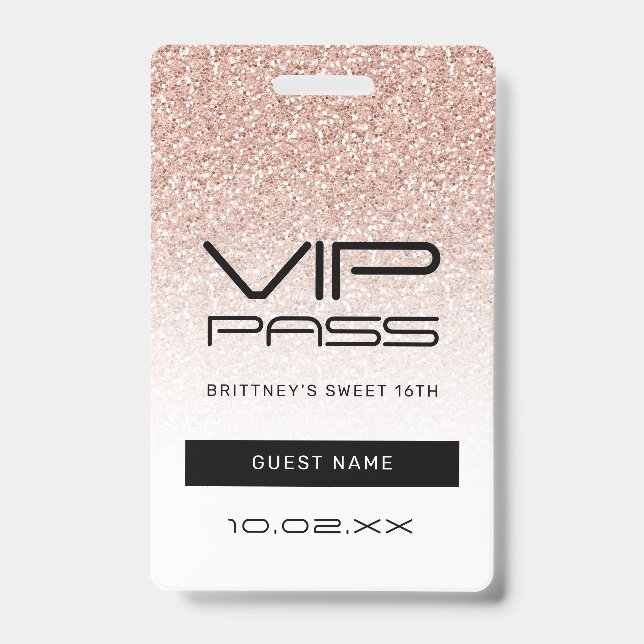 Pink Ombre Glitter Sweet 16th VIP Pass Lanyard ID Badge (Front)
