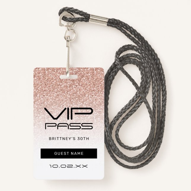 Pink Ombre Glitter VIP Pass 30th Party Invitation ID Badge (Front with Lanyard)