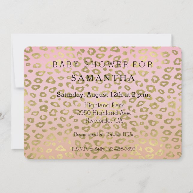 Pink Ombre Gold Leopard Print baby shower Invitation (Front)