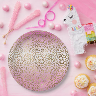 Pink Ombre Gold Leopard Print      Paper Plate