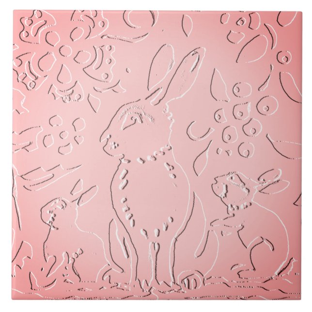 Pink Ombre Rabbit Woodland Embossed Floral Nature Tile (Front)