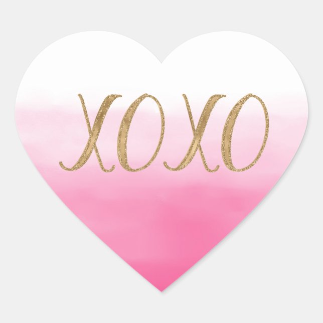 Pink Ombre Watercolor Gold Glitzy Glam XOXO Heart Sticker (Front)