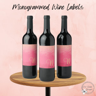 Pink Ombre With Gold Glitter and Monogram Wine Label