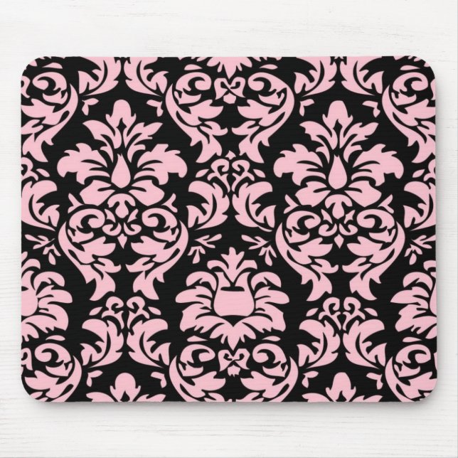 Pink On Black Damask Mousepad (Front)