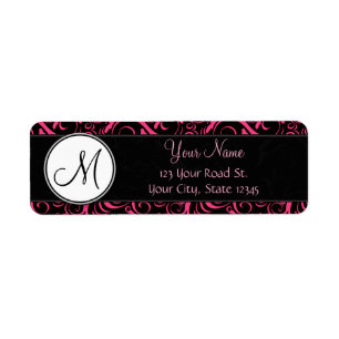 Pink on Black Floral Wisps, Stripes with Monogram