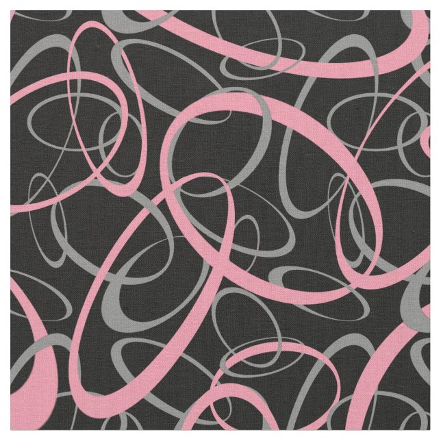 Pink on Black Retro Shapes Pattern Fabric (Close Up)