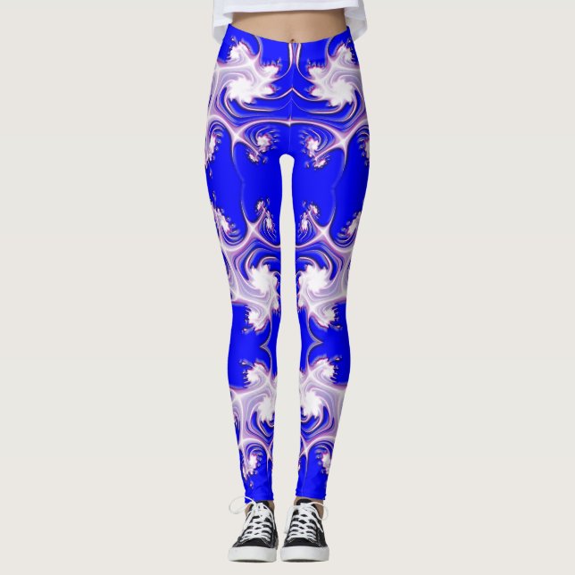 Pink on Blue Fractal Flowers Leggings (Front)