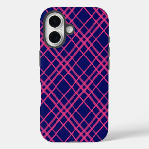 Pink On Blue Plaid Lines Design iPhone 16 Case