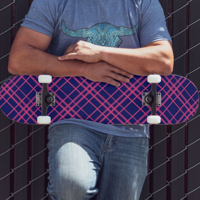 Pink On Blue Plaid Lines Design  Skateboard (Creator Uploaded)
