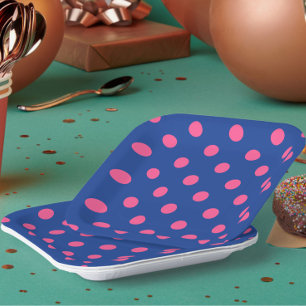 Pink On Blue Polka Dots Pattern Design Paper Plate