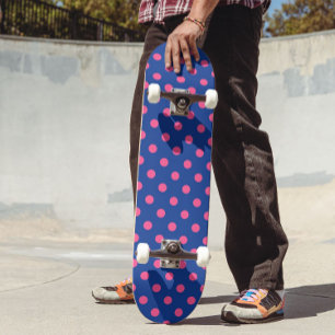 Pink On Blue Polka Dots Pattern Design Skateboard