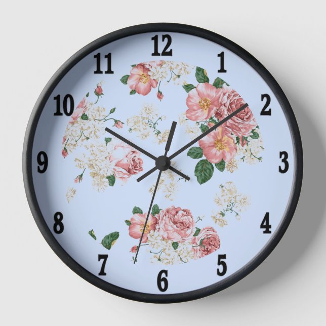 Pink on Blue Vintage Floral  Large Clock (Front)